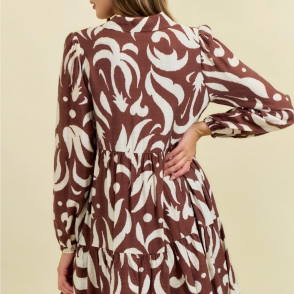 Doe and Rae Chocolate Leaf Printed Poplin Half Button Down Mini Dress - Picture 4 of 5